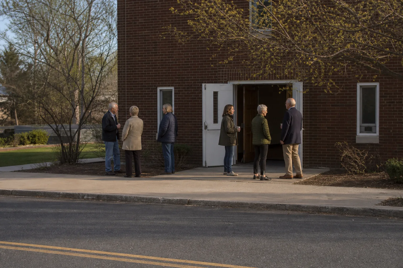 People lingering and talking outside the open doors of a brick building on a spring morning