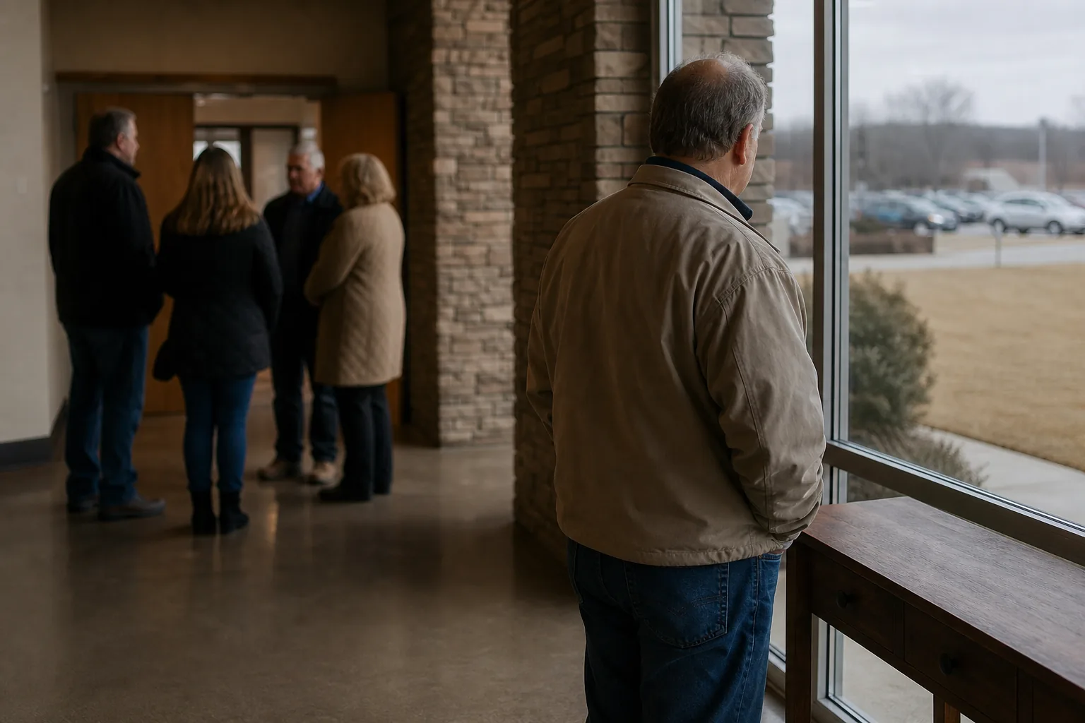 A man standing alone at the window of a church foyer while a small group talks behind him