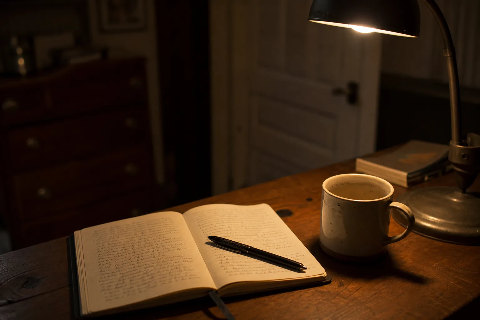 A desk lamp lit over an open notebook and a pen, late at night