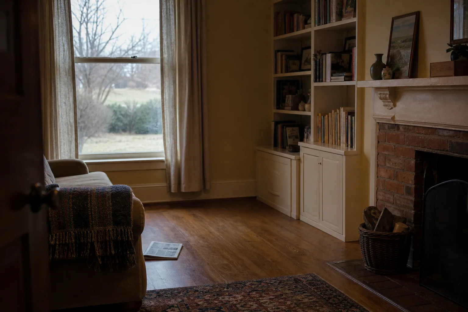 An empty front room on a grey afternoon, a wool blanket folded over the arm of a sofa