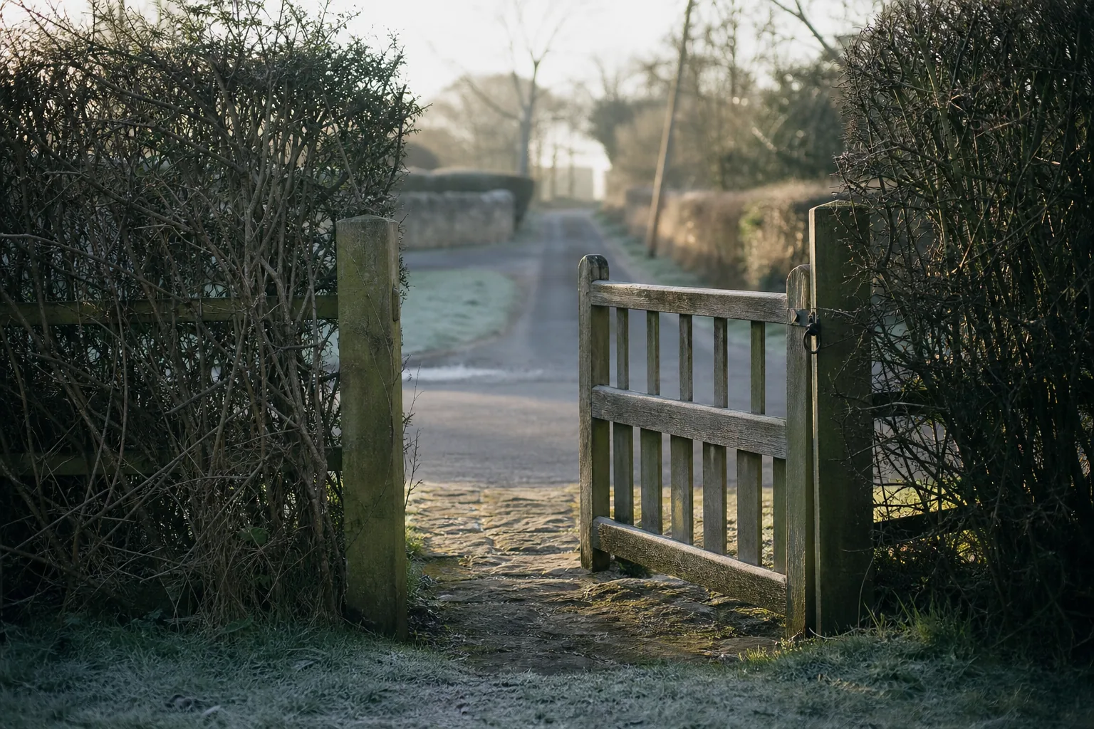 A wooden garden gate standing half open onto a frosty lane
