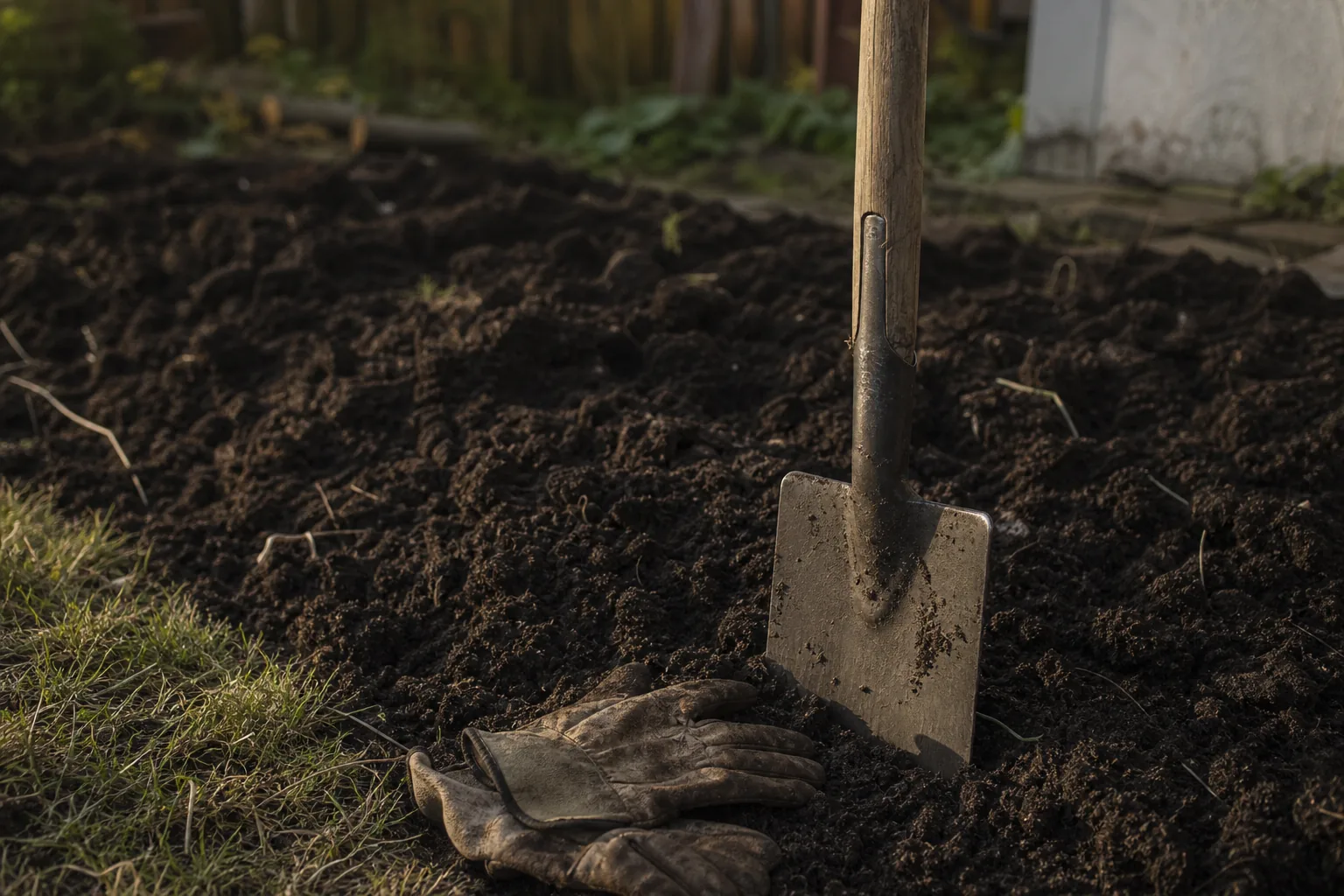 A spade standing in freshly turned earth, a pair of worn gloves beside it