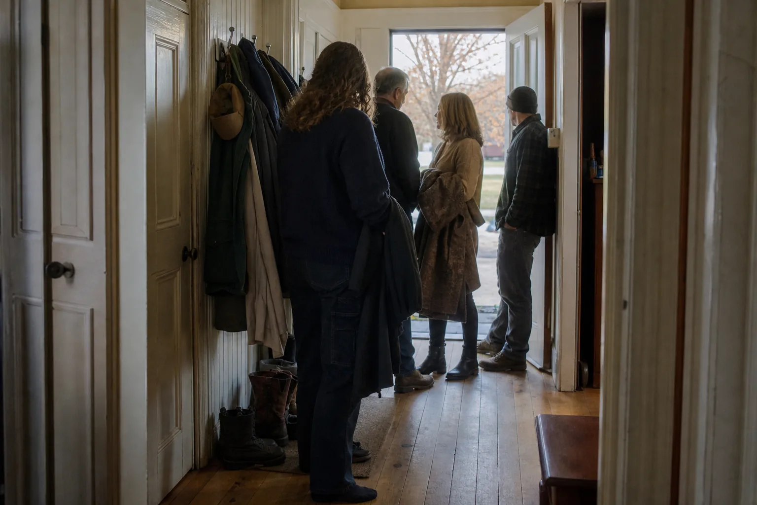 Four people in the front hall of a house on a winter afternoon, coats over their arms, the front door open