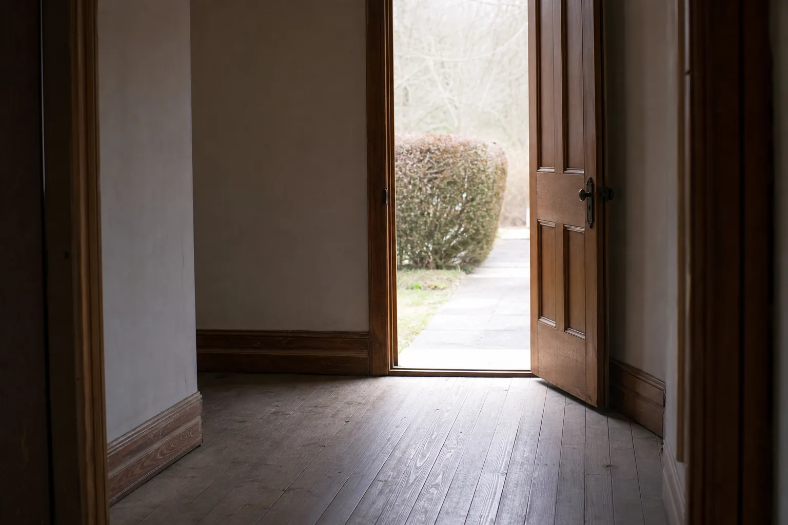 A front door standing open onto a gray morning