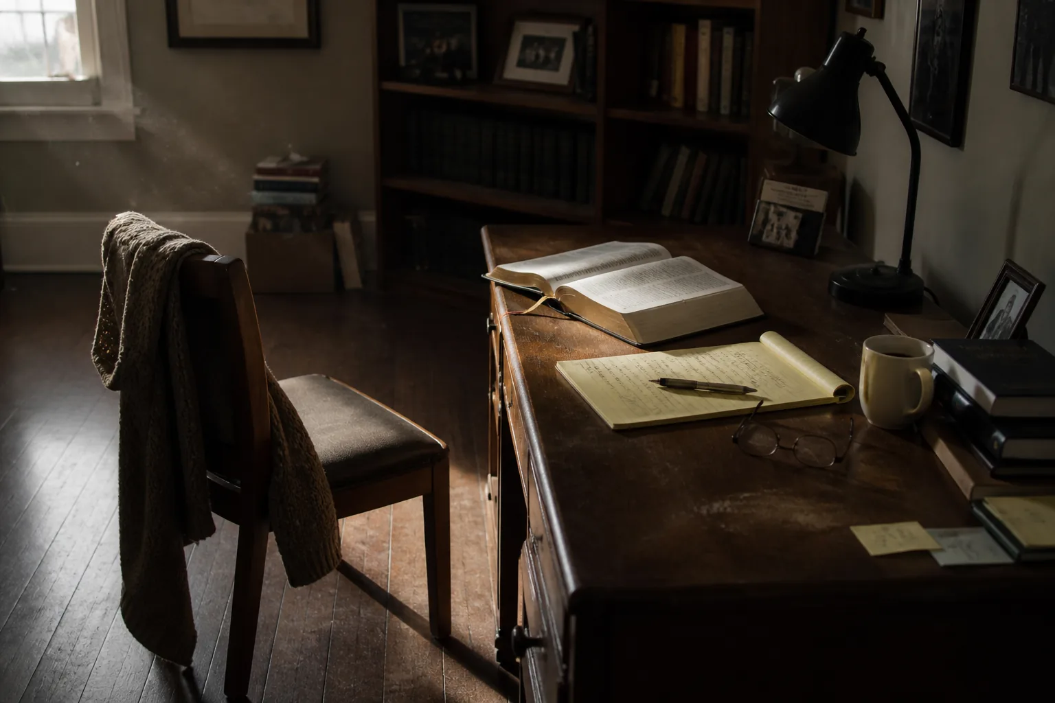 An empty chair pulled slightly away