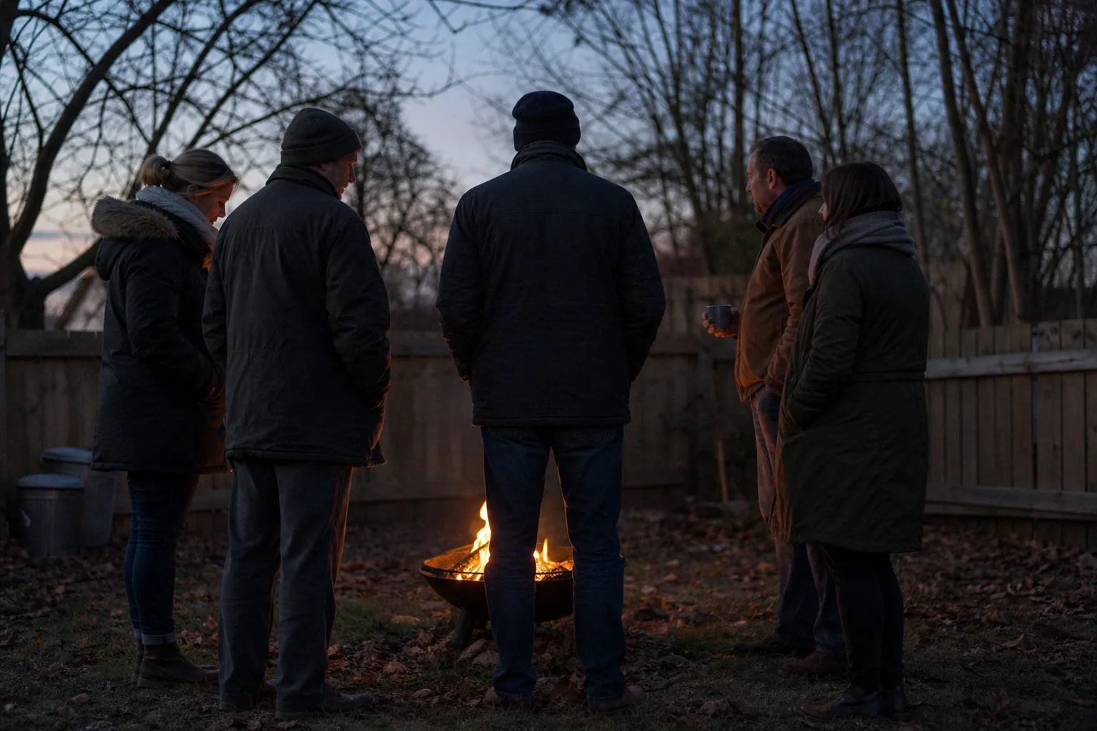 Five people in winter coats standing around a small fire in a back garden at dusk