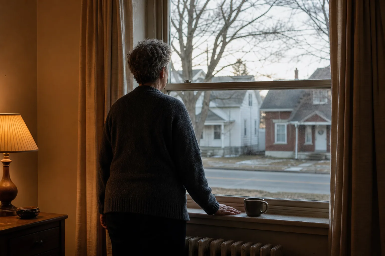 A person at a window early on a winter morning