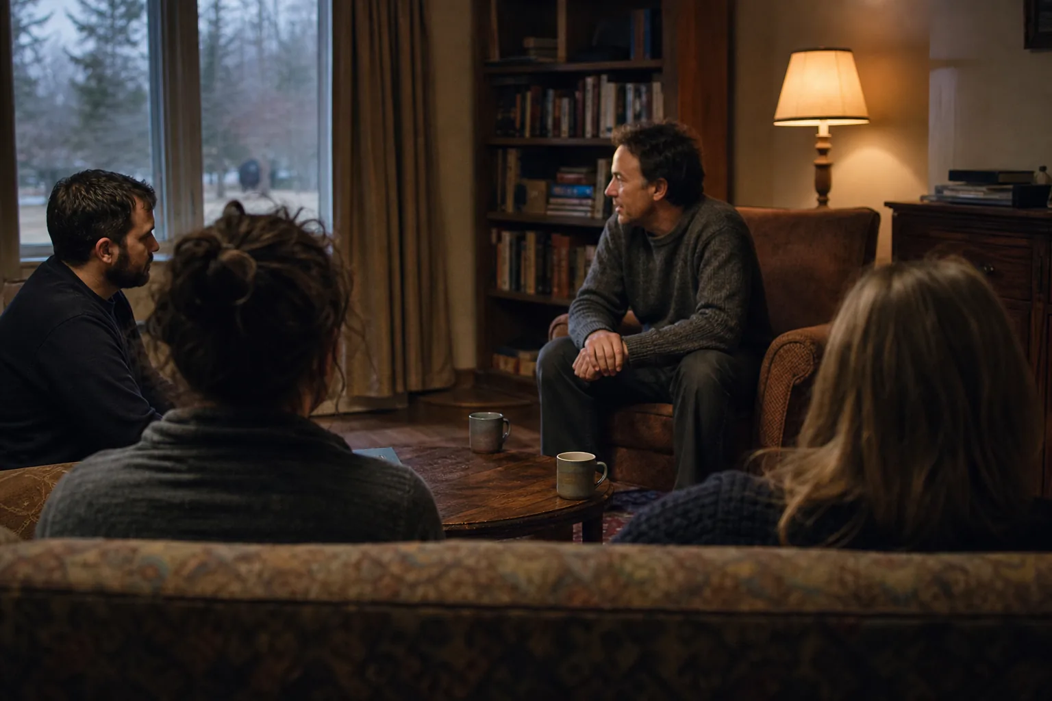 A small group in a living room in the evening, listening to one person who is speaking plainly