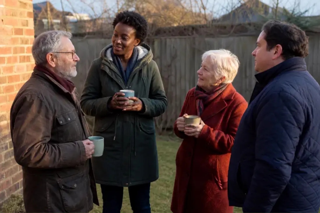 Four people standing talking in a back garden in low winter sun, holding mugs