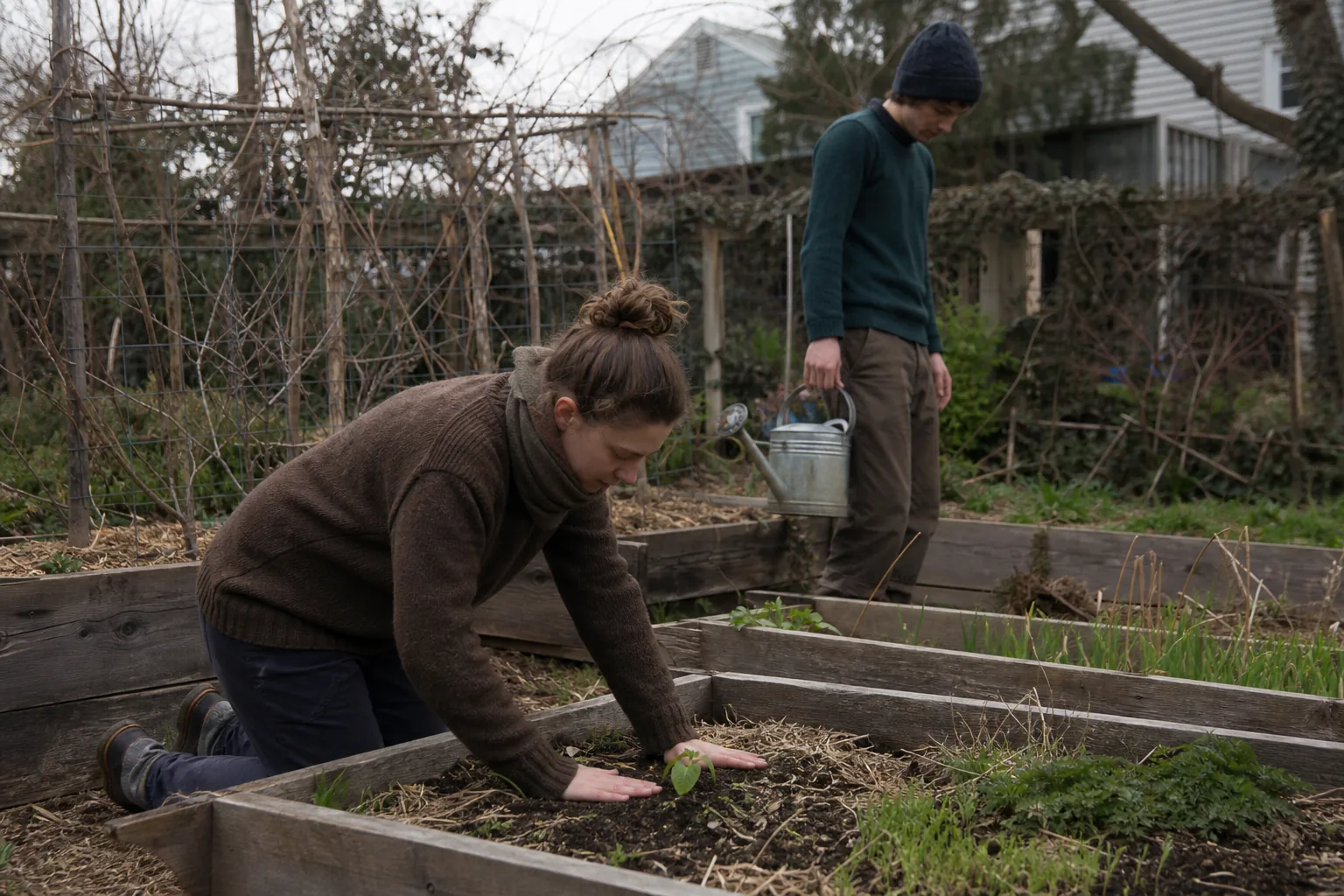 One person kneeling at a raised garden bed beside a new seedling while another stands by with a watering can