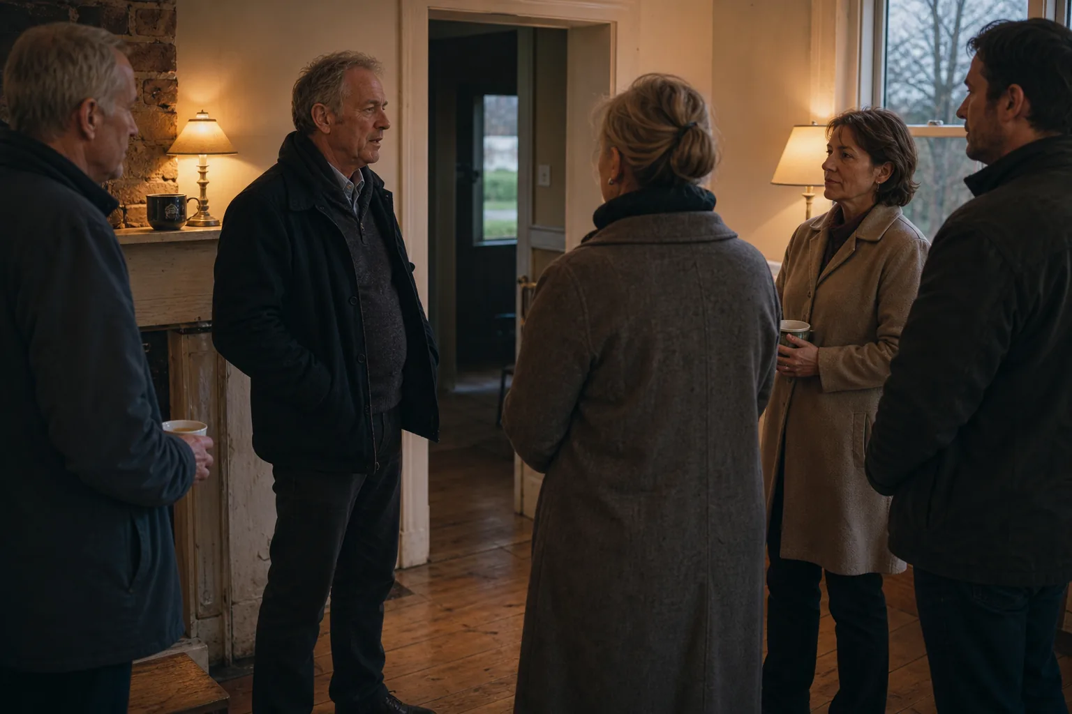 Five people standing talking in a lamplit front room, coats still on, nobody sitting down
