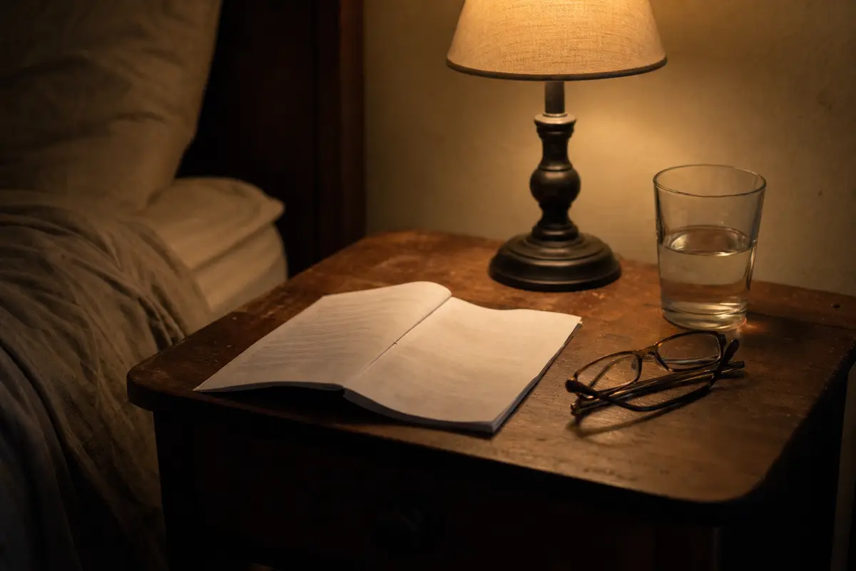 A bedside table by lamplight with an open booklet, reading glasses and a glass of water
